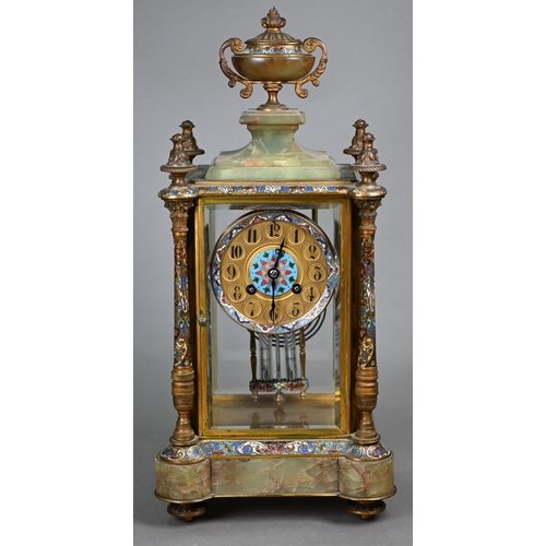 789 - A late 19th century French cloisonné, gilt and onyx four glass mantle clock, the gilt dial with Arab... 