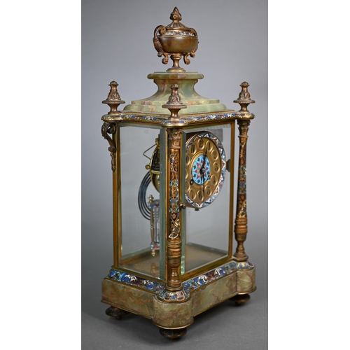 789 - A late 19th century French cloisonné, gilt and onyx four glass mantle clock, the gilt dial with Arab... 