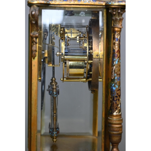 789 - A late 19th century French cloisonné, gilt and onyx four glass mantle clock, the gilt dial with Arab... 