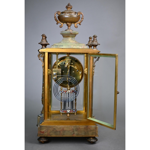 789 - A late 19th century French cloisonné, gilt and onyx four glass mantle clock, the gilt dial with Arab... 