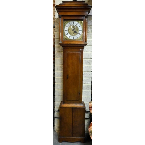 793 - Peter Garon, London, a late 17th/18th century oak three train musical clock, the 30 cm square gilt b...