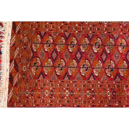 810 - A traditional Russian Turkoman rug, the brown red ground with two rows of guls, 133 cm x 74 cm, mid ... 