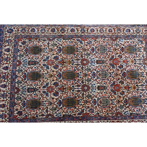 821 - An antique Persian Kashan rug, the repeating design of floral vines on camel ground, 208 cm x 138 cm