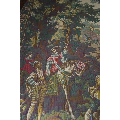 833 - A 17th century style machine loomed tapestry wall hanging, depicting a hunting party in a pastoral l... 