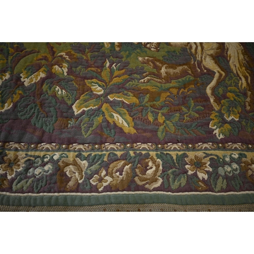 833 - A 17th century style machine loomed tapestry wall hanging, depicting a hunting party in a pastoral l... 