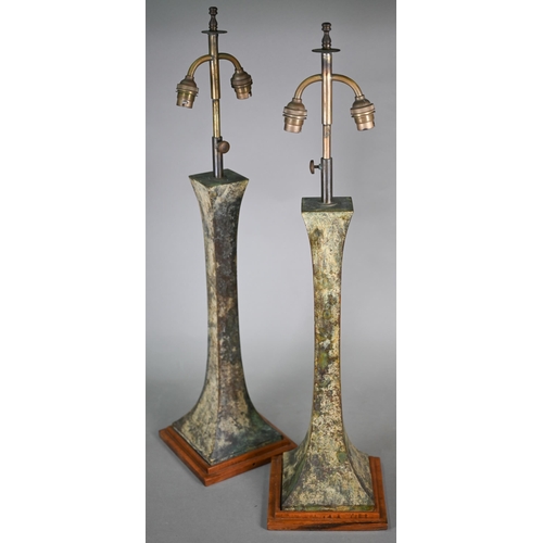 845 - Stuart Ross James for Hansen, a pair of Verdigris patinated bronze twin arm rise and fall table lamp... 