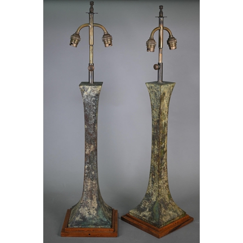 845 - Stuart Ross James for Hansen, a pair of Verdigris patinated bronze twin arm rise and fall table lamp... 