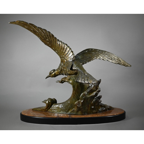 846 - Limousin, a large vertical patinated cast alloy sea hawk sculpture, signed to oval composite base, 5... 