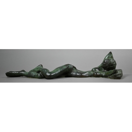 856 - Charlotte Jackson - A verdigris patinated bronze sculpture of a reclining woman, 42 cm long