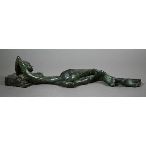 856 - Charlotte Jackson - A verdigris patinated bronze sculpture of a reclining woman, 42 cm long