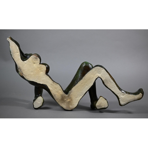 857 - Charlotte Jackson - A verdigris patinated bronze of a reclining nude woman, 49 cm long