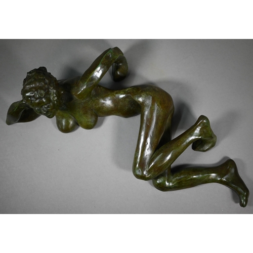 857 - Charlotte Jackson - A verdigris patinated bronze of a reclining nude woman, 49 cm long