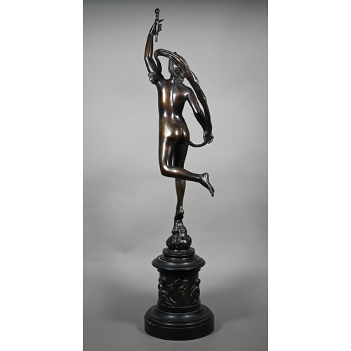 858 - An antique brown bronze sculpture after Giambologna of Fortuna, raised on a relief cast circular bas... 