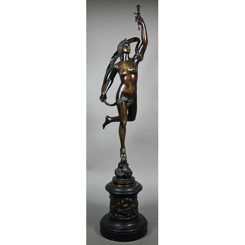 858 - An antique brown bronze sculpture after Giambologna of Fortuna, raised on a relief cast circular bas... 