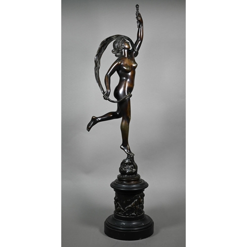 858 - An antique brown bronze sculpture after Giambologna of Fortuna, raised on a relief cast circular bas... 