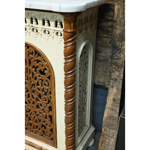 864 - A Victorian Puginesque style cast iron radiator cover, with lobed corner veined white marble top, 10... 