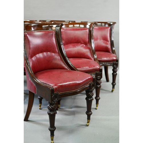 874 - A set of eight Regency mahogany dining chairs, with brass studded red cow hide upholstery and raised... 