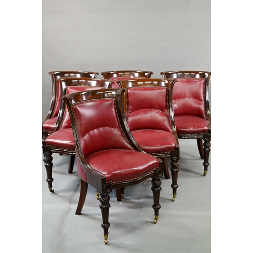 874 - A set of eight Regency mahogany dining chairs, with brass studded red cow hide upholstery and raised... 