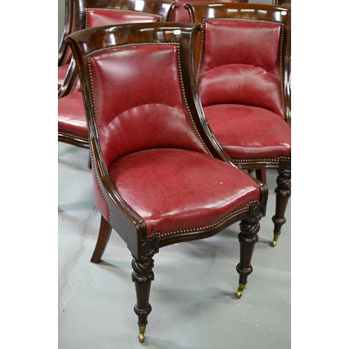 874 - A set of eight Regency mahogany dining chairs, with brass studded red cow hide upholstery and raised... 