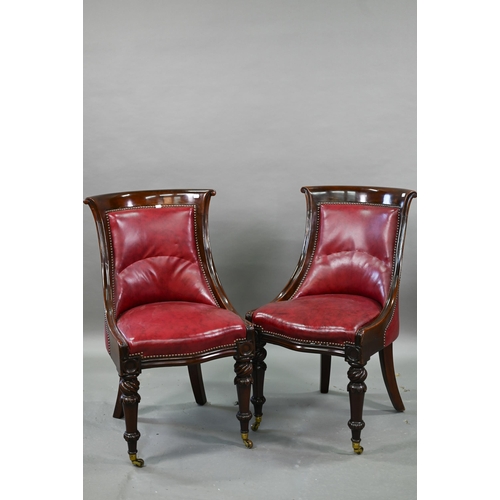 874 - A set of eight Regency mahogany dining chairs, with brass studded red cow hide upholstery and raised... 