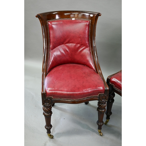 874 - A set of eight Regency mahogany dining chairs, with brass studded red cow hide upholstery and raised... 