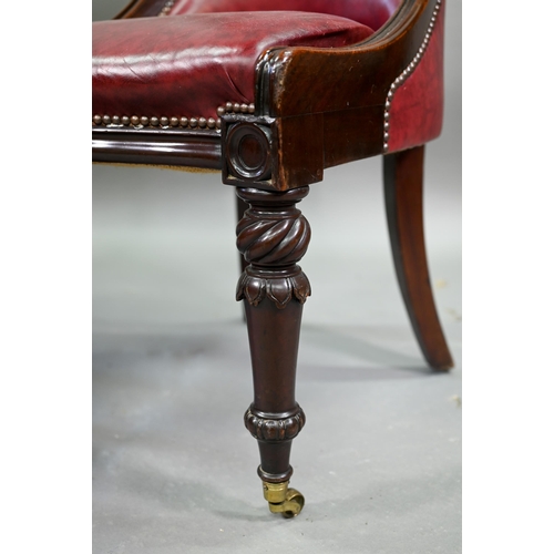 874 - A set of eight Regency mahogany dining chairs, with brass studded red cow hide upholstery and raised... 