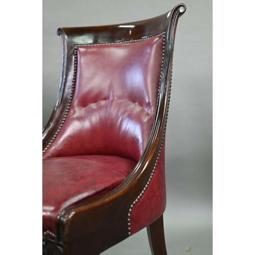 874 - A set of eight Regency mahogany dining chairs, with brass studded red cow hide upholstery and raised... 