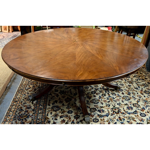 A large George IV style circular extending mahogany dining table by Arthur Brett model 2239 'Mayfair', with centre star inlay and with five concentric extension leaves, raised on a turned pillar to a platform base and four moulded swept legs to brass paw toes and castors, 174.5 cm dia. (250.5 cm extended) x 76 cm h (the leaves and documents within a storage crate)