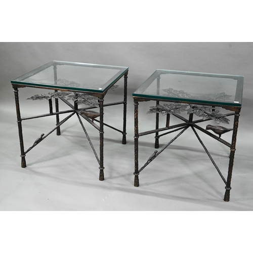 881 - A companion pair of bronze tree of life design side tables by Tyson, with toughened glass tops, 60 c... 