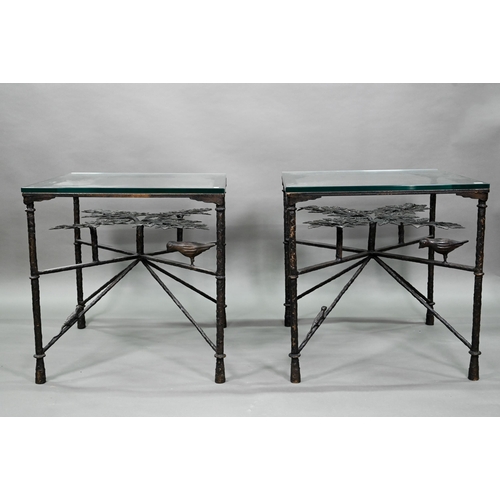 881 - A companion pair of bronze tree of life design side tables by Tyson, with toughened glass tops, 60 c... 