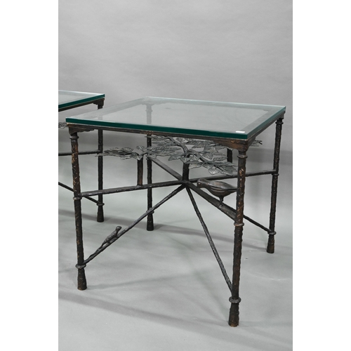 881 - A companion pair of bronze tree of life design side tables by Tyson, with toughened glass tops, 60 c... 