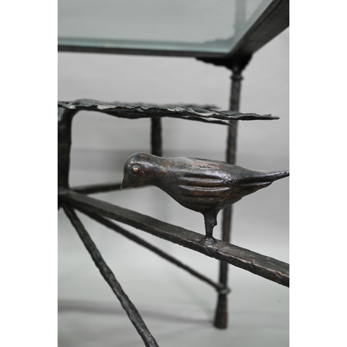 881 - A companion pair of bronze tree of life design side tables by Tyson, with toughened glass tops, 60 c... 