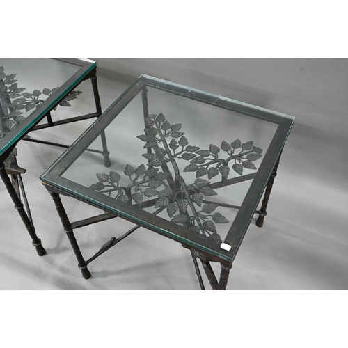 881 - A companion pair of bronze tree of life design side tables by Tyson, with toughened glass tops, 60 c... 