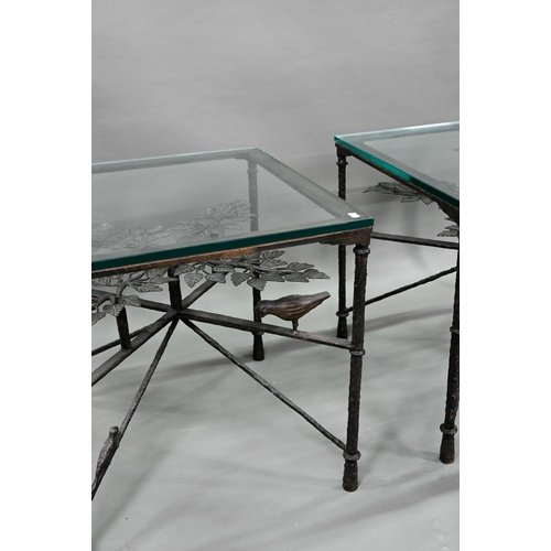 881 - A companion pair of bronze tree of life design side tables by Tyson, with toughened glass tops, 60 c... 