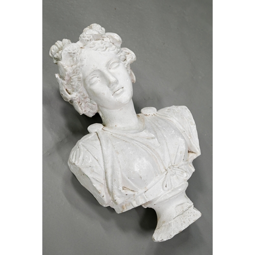 886 - An old plaster bust in the classical revival style, of a young woman, on a socle base, 63 cm h, dama... 