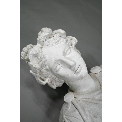 886 - An old plaster bust in the classical revival style, of a young woman, on a socle base, 63 cm h, dama... 