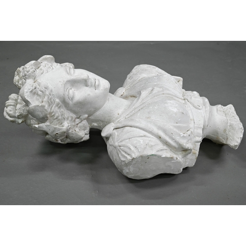 886 - An old plaster bust in the classical revival style, of a young woman, on a socle base, 63 cm h, dama... 