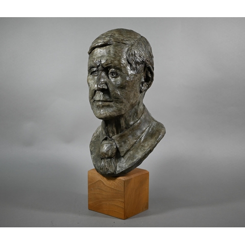 887 - Charlotte Jackson - a contemporary composite grey patinated bust, 'John', raised on an woodblock bas... 