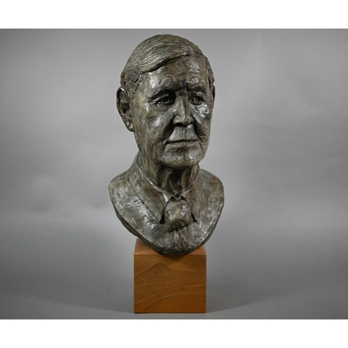 887 - Charlotte Jackson - a contemporary composite grey patinated bust, 'John', raised on an woodblock bas... 