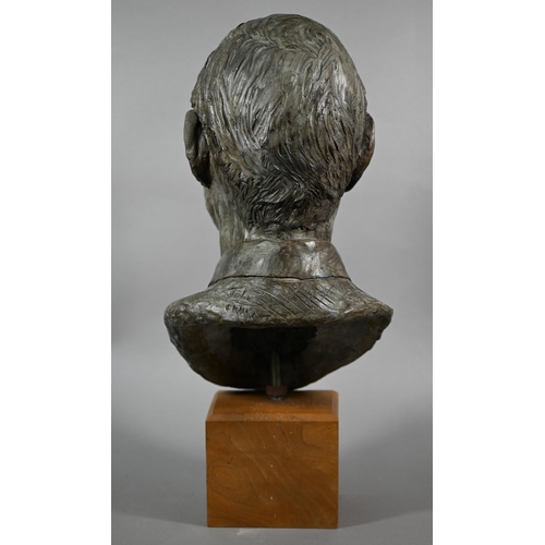 887 - Charlotte Jackson - a contemporary composite grey patinated bust, 'John', raised on an woodblock bas... 