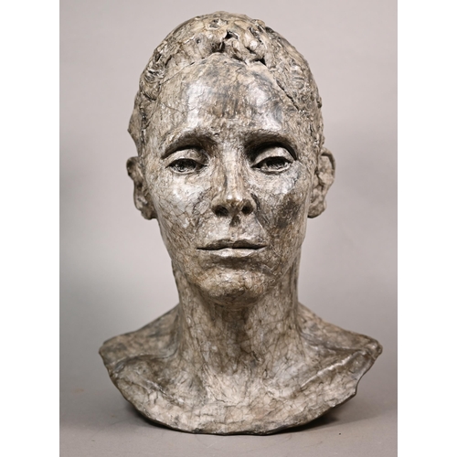 888 - Charlotte Jackson - a contemporary composite grey patinated bust, 'Annise' and dated '89, 32 cm h