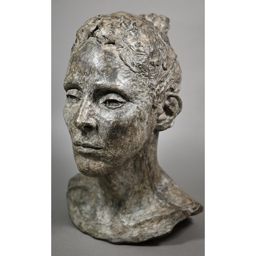 888 - Charlotte Jackson - a contemporary composite grey patinated bust, 'Annise' and dated '89, 32 cm h