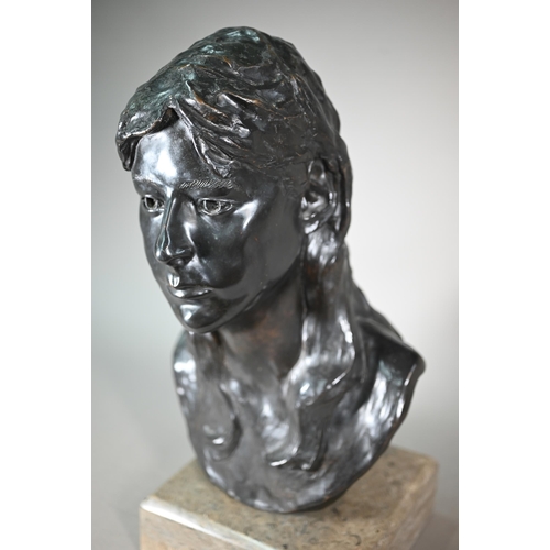 889 - Charlotte Jackson, a contemporary brown bronze bust of a young woman, 'Caroline', foundry stamp for ... 