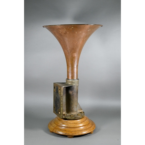 890 - A vintage bronze mounted copper ships trumpet fog horn, numbered 51673 and cast 154 317 3, mounted t... 