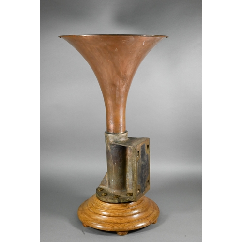 890 - A vintage bronze mounted copper ships trumpet fog horn, numbered 51673 and cast 154 317 3, mounted t... 