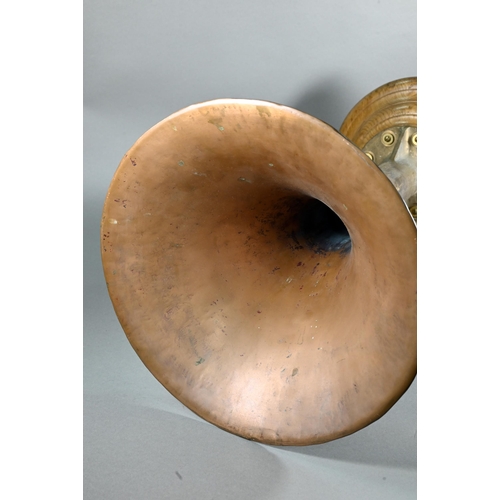 890 - A vintage bronze mounted copper ships trumpet fog horn, numbered 51673 and cast 154 317 3, mounted t... 