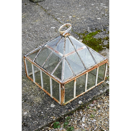 893 - An antique glazed cast iron garden cloche with pyramid top, 52 cm x 50 cm x 43 cm h