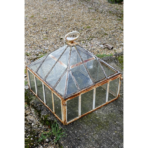 893 - An antique glazed cast iron garden cloche with pyramid top, 52 cm x 50 cm x 43 cm h