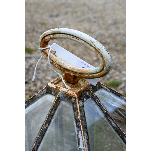 893 - An antique glazed cast iron garden cloche with pyramid top, 52 cm x 50 cm x 43 cm h