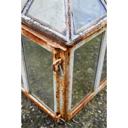 893 - An antique glazed cast iron garden cloche with pyramid top, 52 cm x 50 cm x 43 cm h